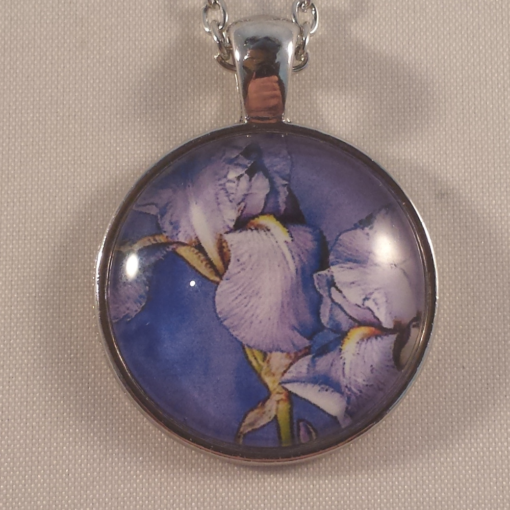 Silver Purple Iris Flower Glass Cabochon Necklace!
